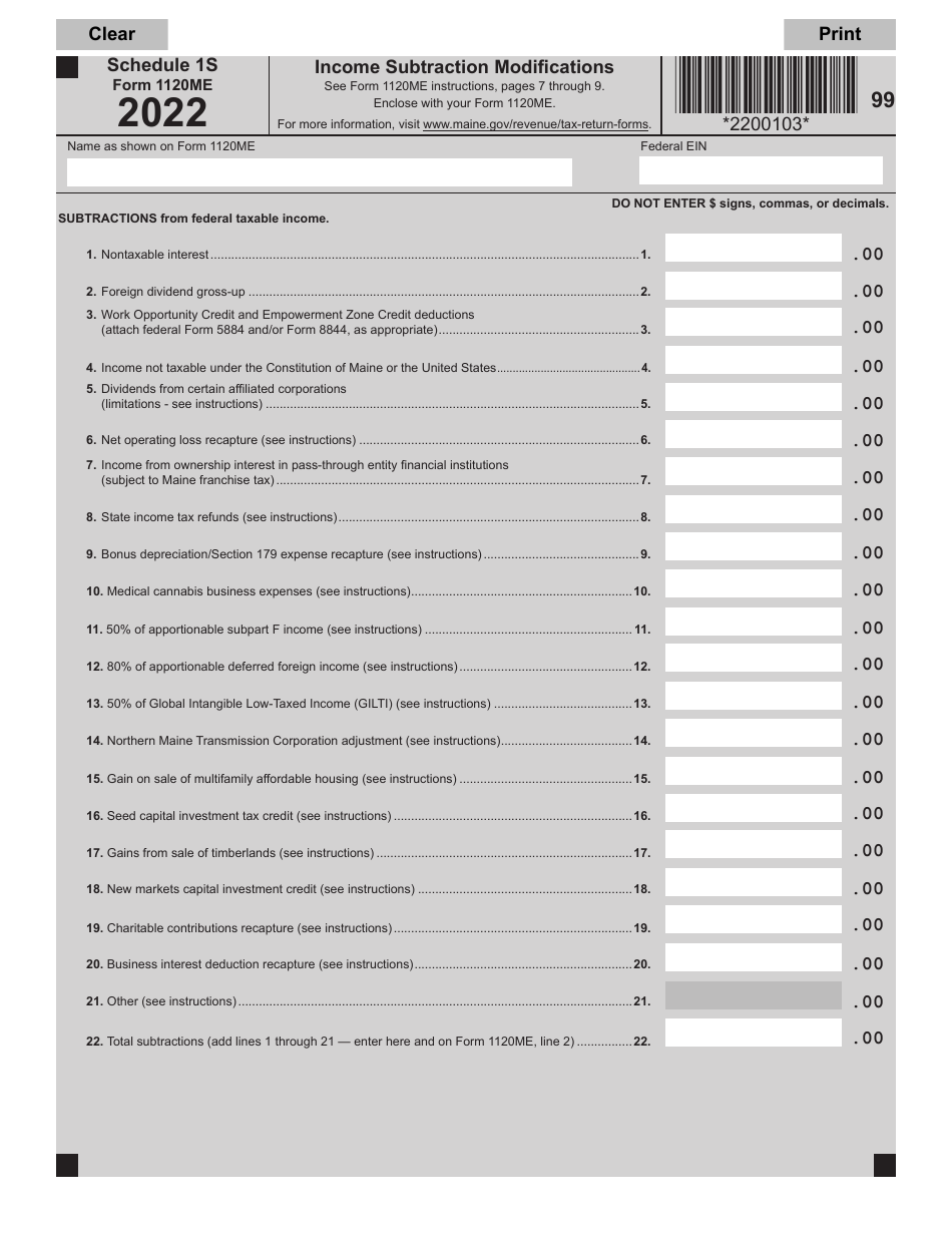 Form 1120ME Schedule 1S Income Subtraction Modifications - Maine, Page 1