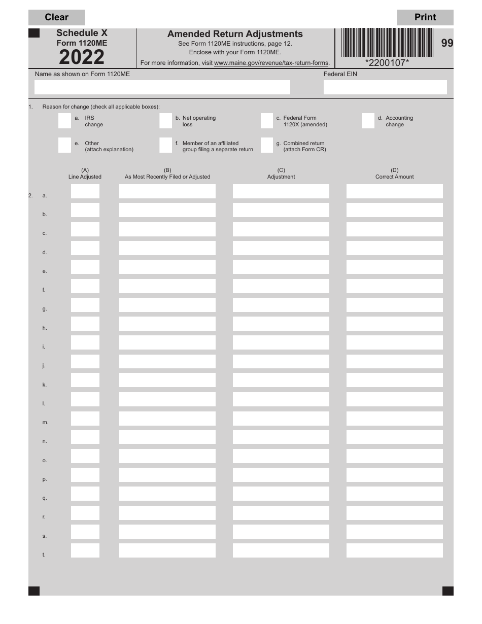 Form 1120ME Schedule X Amended Return Adjustments - Maine, Page 1