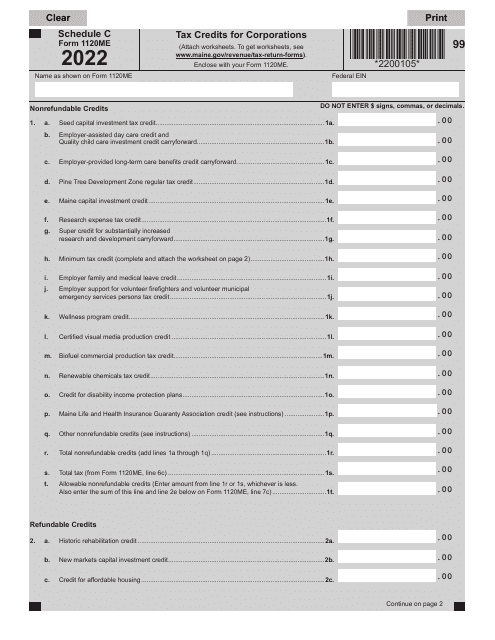 Form 1120ME Schedule C 2022 Printable Pdf