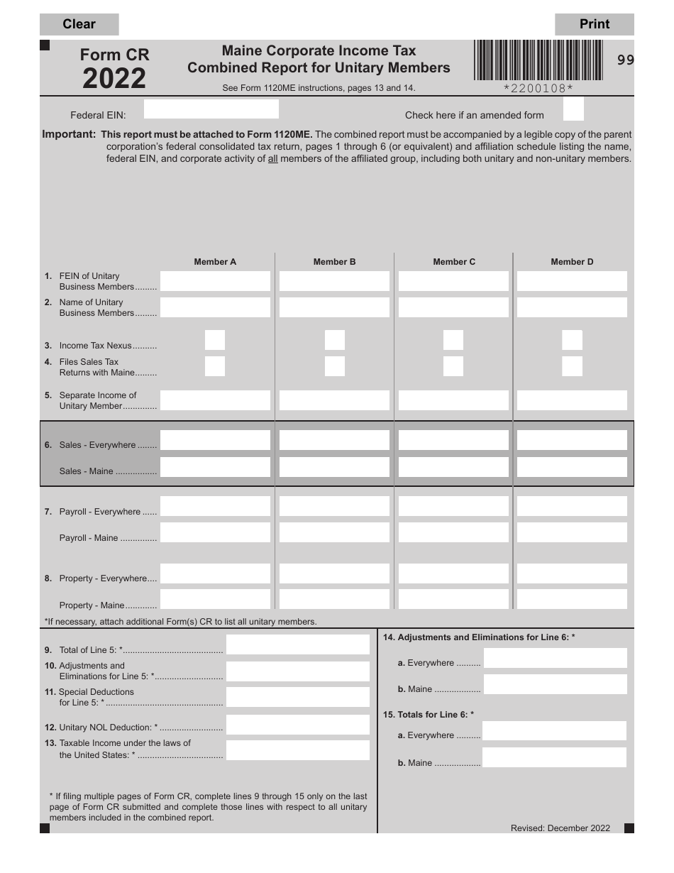 Form CR Combined Report for Unitary Members - Maine, Page 1