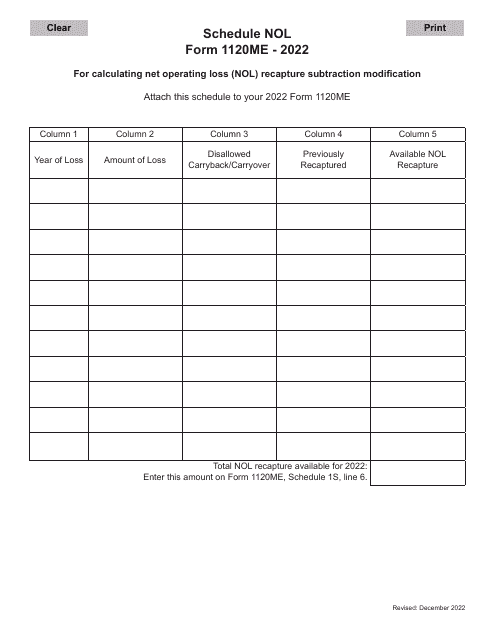 Form 1120ME Schedule NOL 2022 Printable Pdf