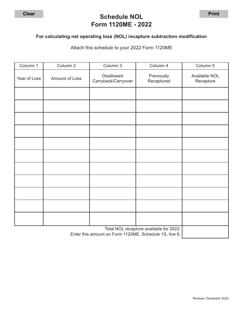 Form 1120ME Schedule NOL Schedule for Calculating Net Operating Loss (Nol) Recapture Subtraction Modification - Maine, Page 1