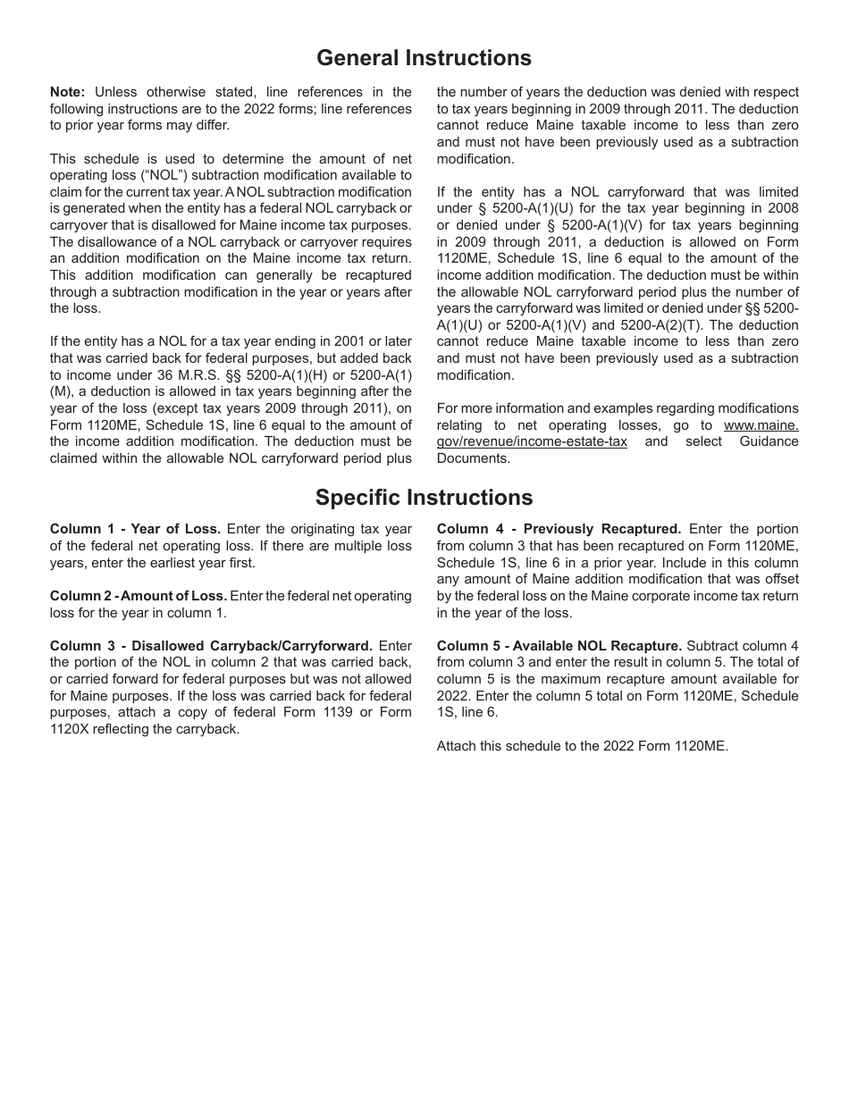 Form 1120ME Schedule NOL Schedule for Calculating Net Operating Loss (Nol) Recapture Subtraction Modification - Maine, Page 2