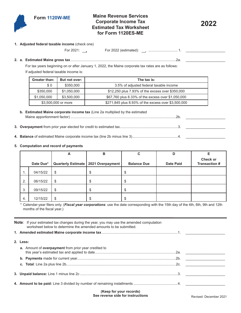 Form 1120W-ME Corporate Income Tax Estimated Tax Worksheet - Maine, Page 1