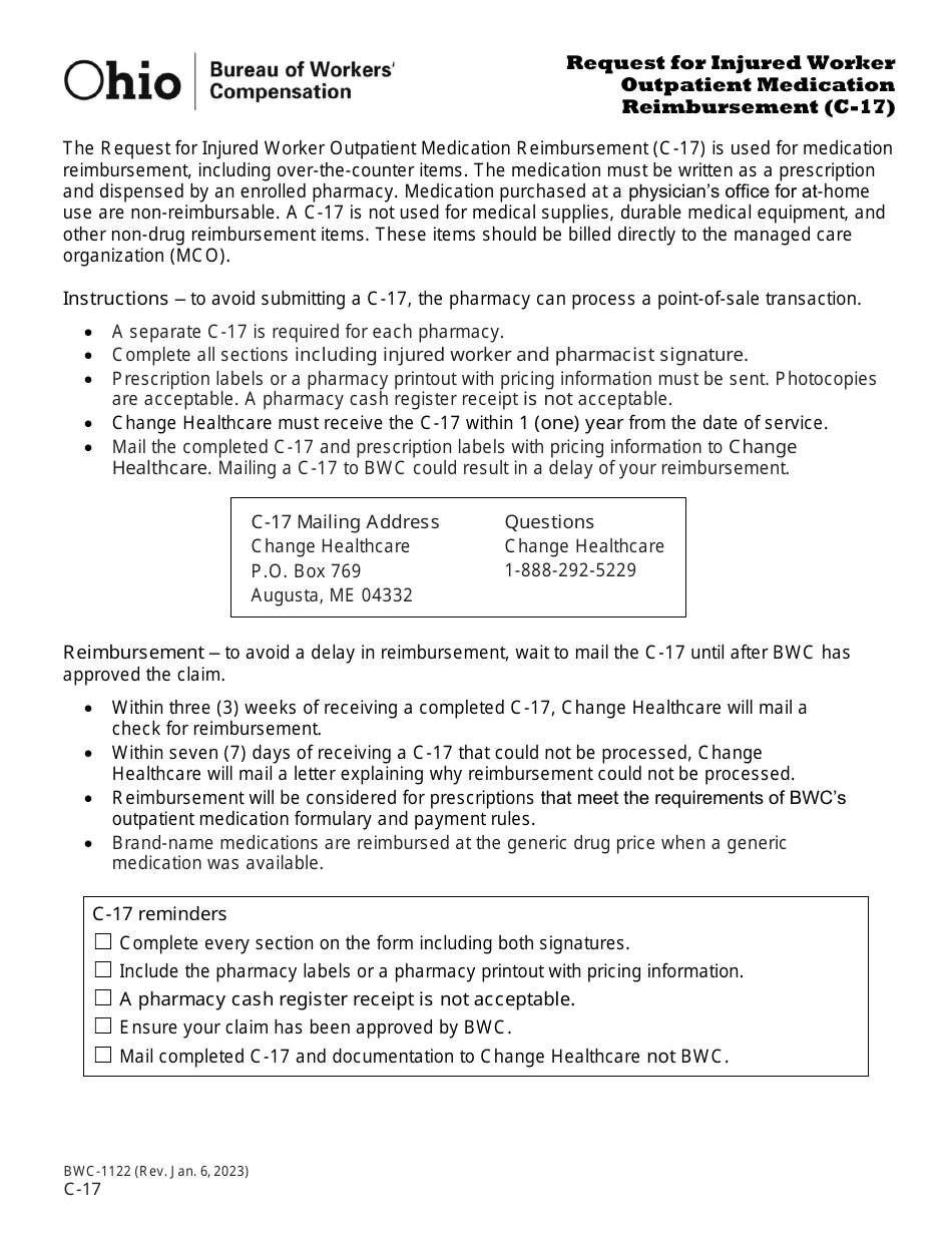 Form C-17 (BWC-1122) Request for Injured Worker Outpatient Medication Reimbursement - Ohio, Page 1