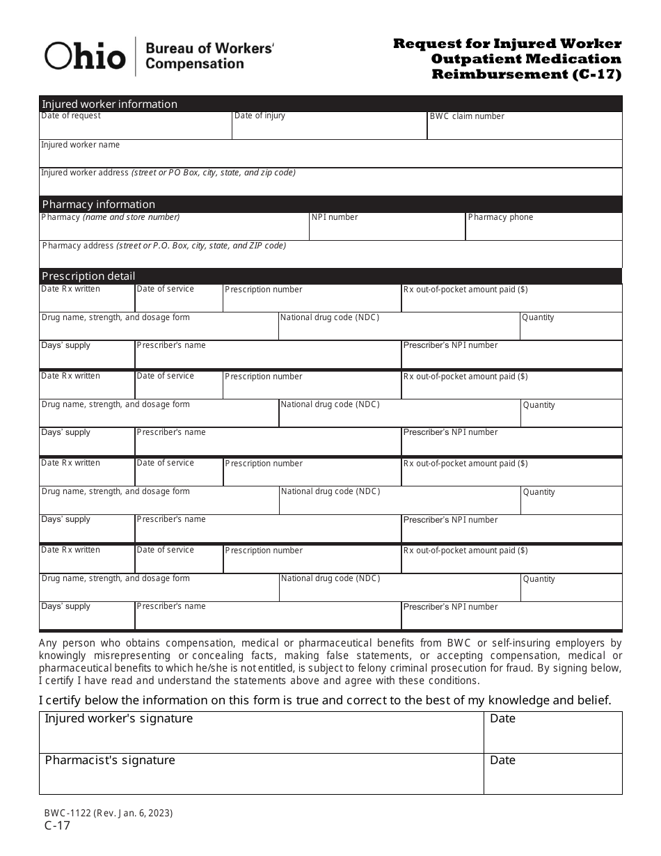 Form C-17 (BWC-1122) Request for Injured Worker Outpatient Medication Reimbursement - Ohio, Page 2