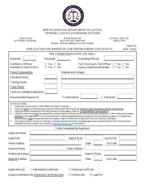 Form F-6 Application for Award of Law Enforcement Certificate - North Carolina