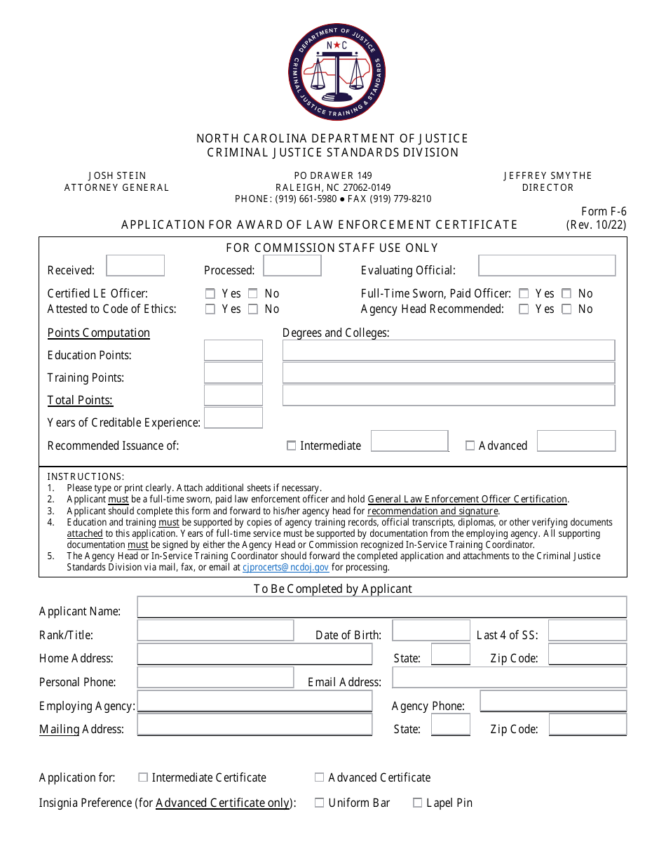 Form F-6 Application for Award of Law Enforcement Certificate - North Carolina, Page 1