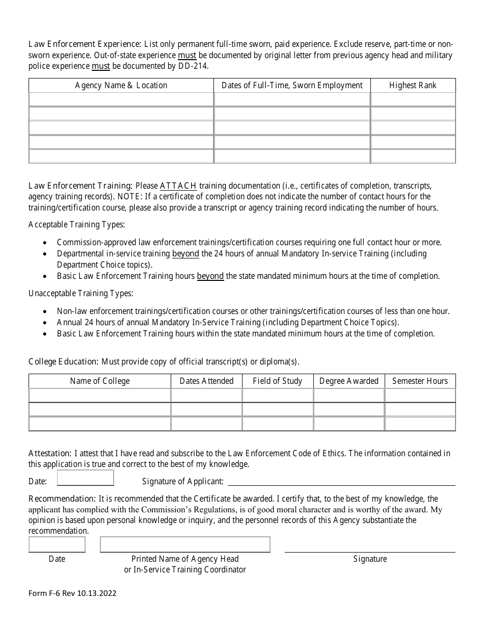 Form F-6 Application for Award of Law Enforcement Certificate - North Carolina, Page 2