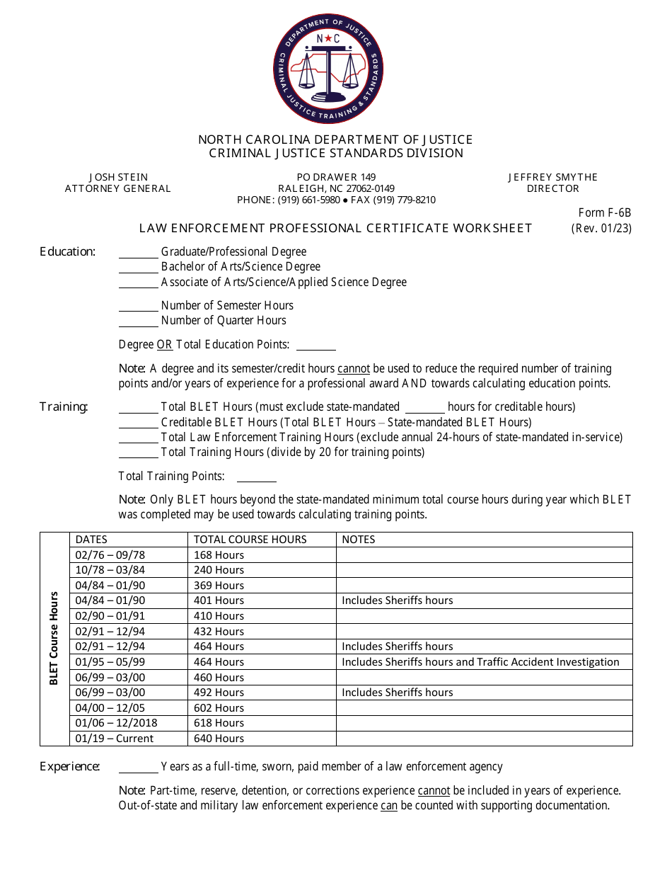 Form F-6B Law Enforcement Professional Certificate Worksheet - North Carolina, Page 1