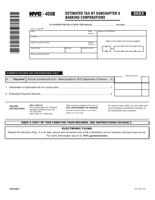 Form NYC-400B Estimated Tax by Subchapter S Banking Corporations - New York City, 2023