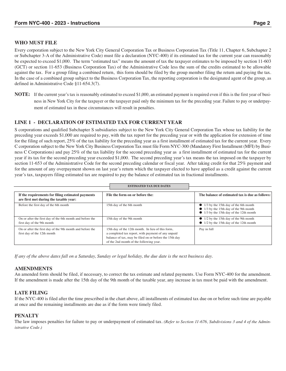 Form NYC-400 Estimated Tax by Business Corporations and Subchapter S General Corporations - New York City, Page 2