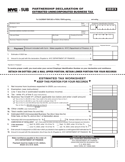 Form NYC-5UB Partnership Declaration of Estimated Unincorporated Business Tax - New York City, 2023