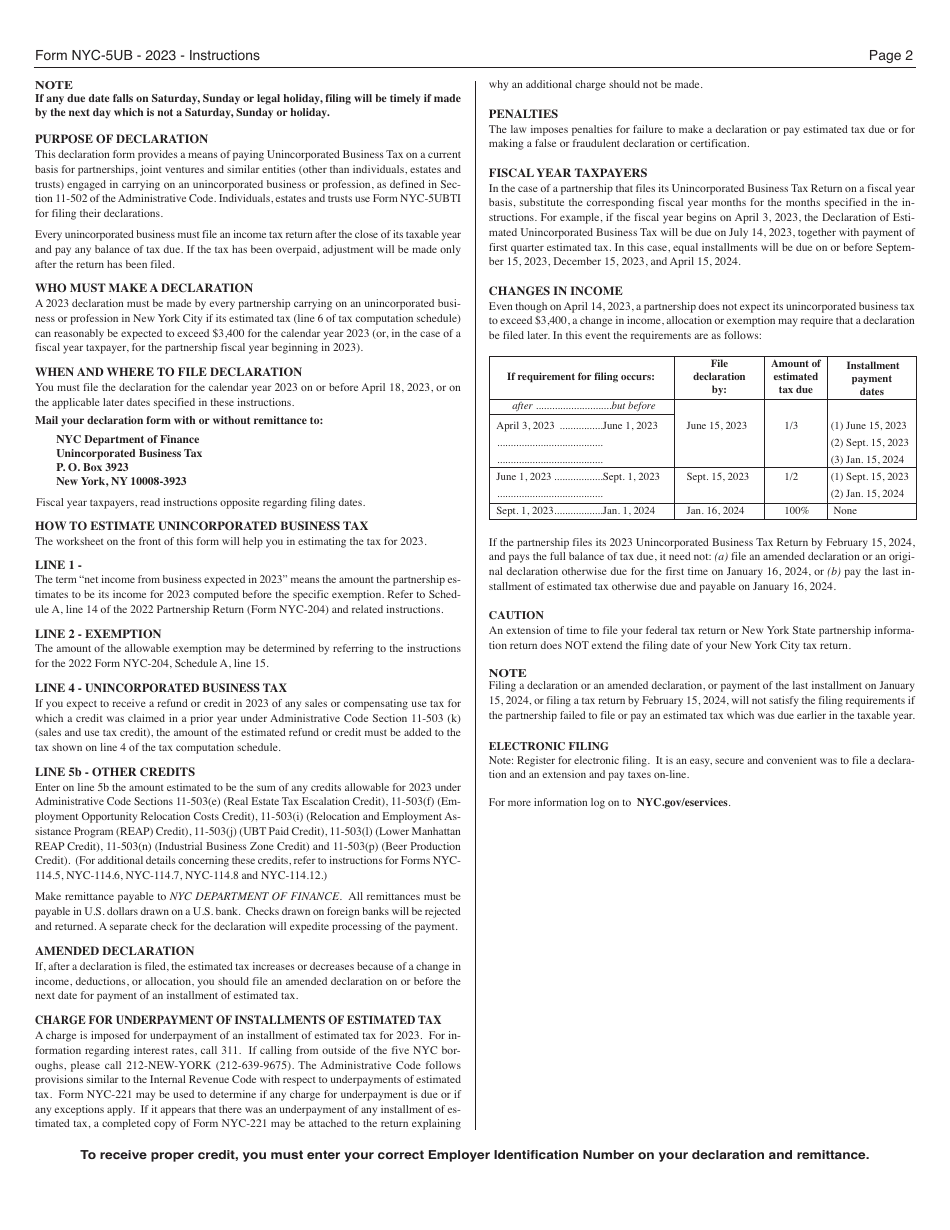 Form NYC-5UB Partnership Declaration of Estimated Unincorporated Business Tax - New York City, Page 2