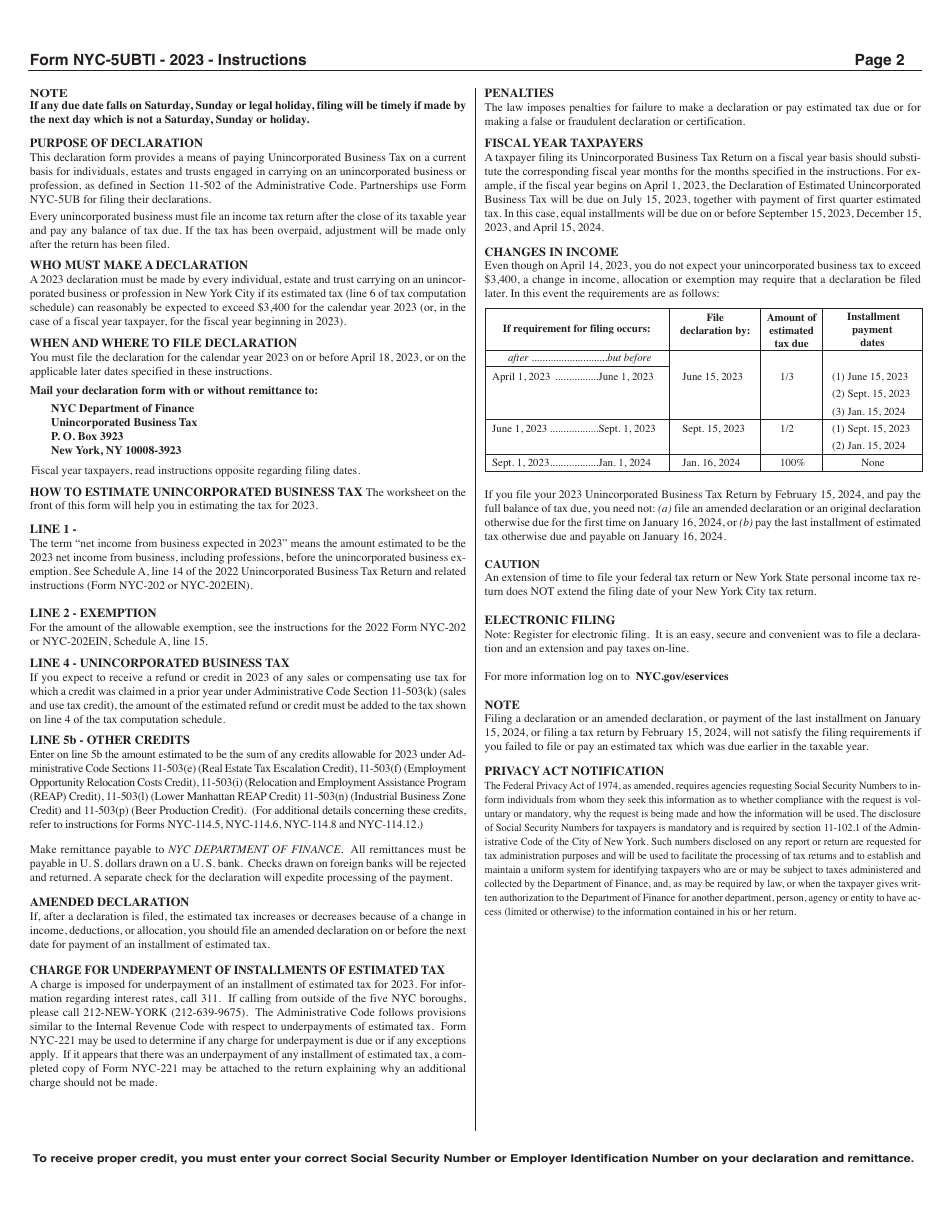 Form NYC-5UBTI Declaration of Estimated Unincorporated Business Tax (For Individuals, Estates and Trusts) - New York City, Page 2