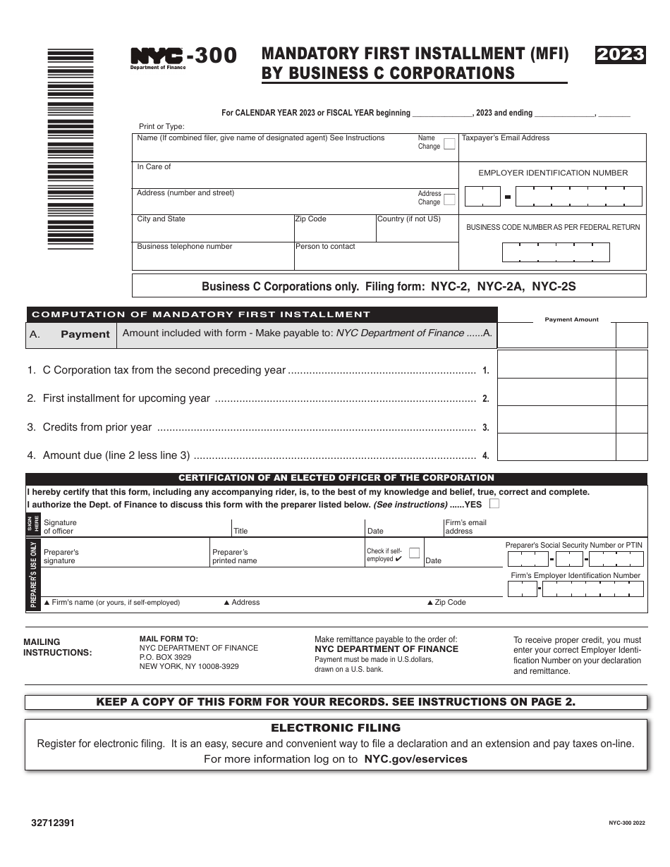 Form NYC-300 Mandatory First Installment (Mfi) by Business C Corporations - New York City, Page 1