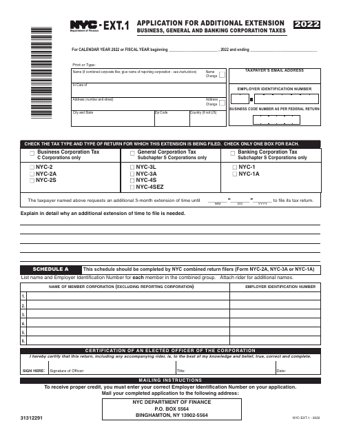 Form NYC-EXT.1 Application for Additional Extension - Business, General and Banking Corporation Taxes - New York City, 2022