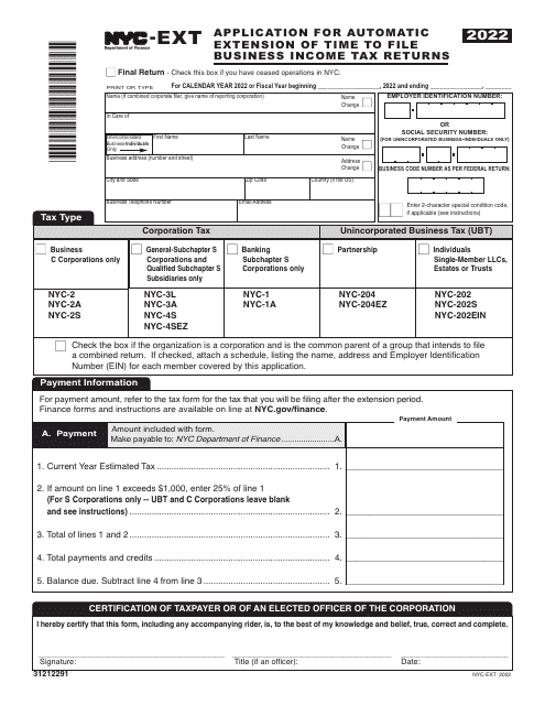 Form NYC-EXT Application for Automatic Extension of Time to File Business Income Tax Returns - New York City, 2022