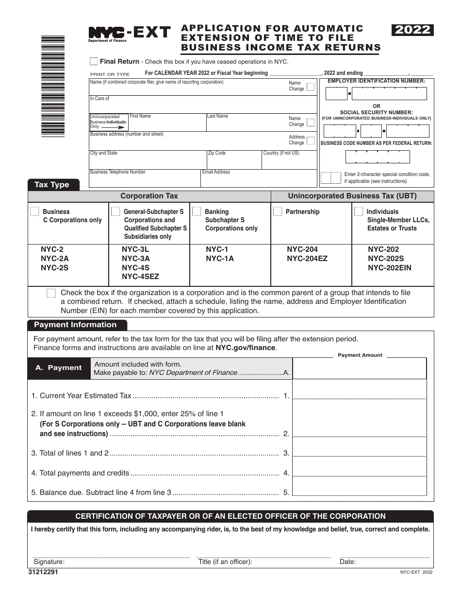 Form NYC-EXT Application for Automatic Extension of Time to File Business Income Tax Returns - New York City, Page 1