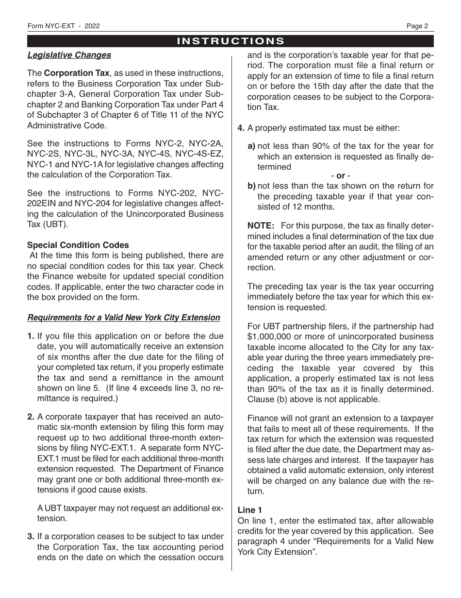 Form NYC-EXT Application for Automatic Extension of Time to File Business Income Tax Returns - New York City, Page 2
