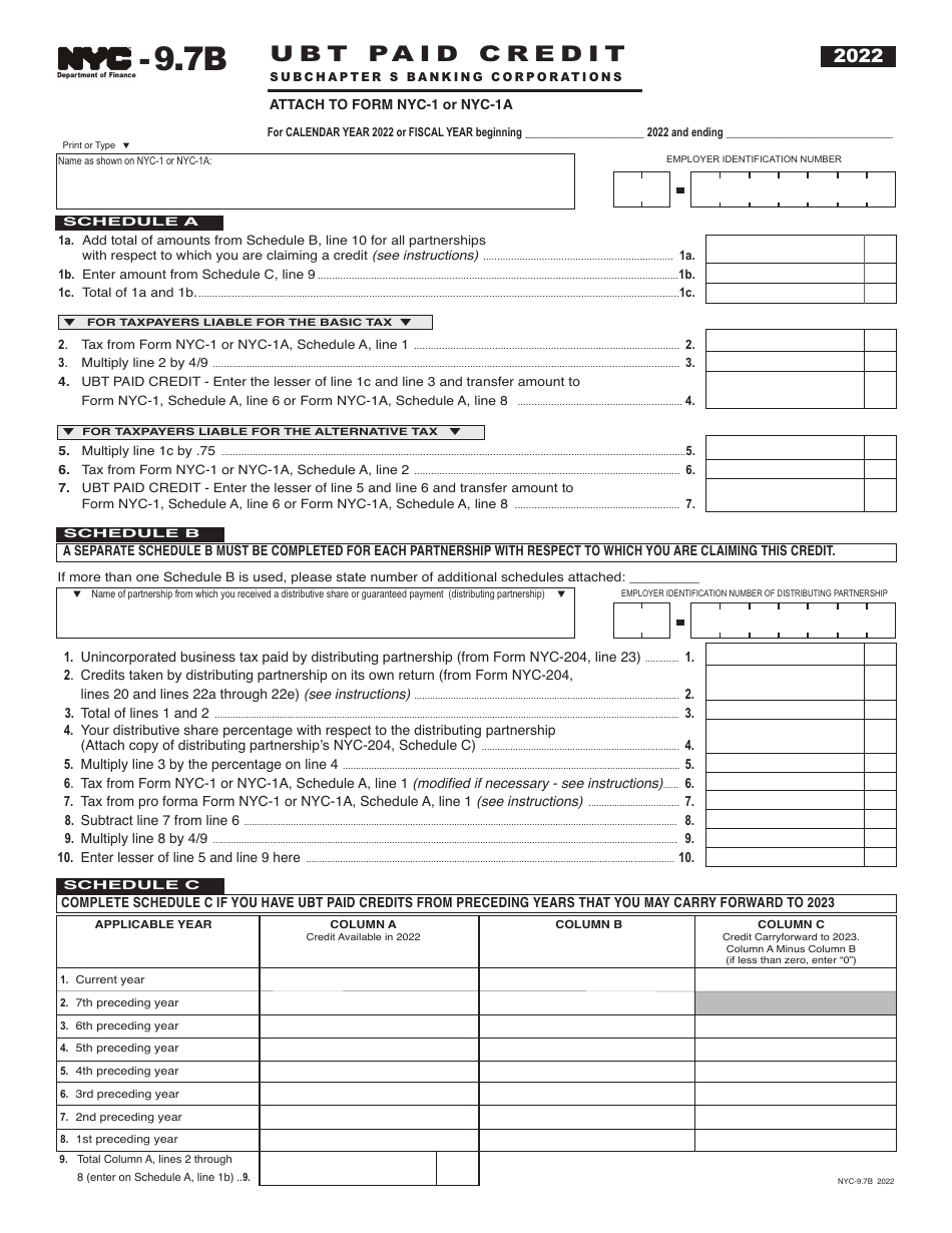 Form NYC-9.7B Ubt Paid Credit - Subchapter S Banking Corporations - New York City, Page 1