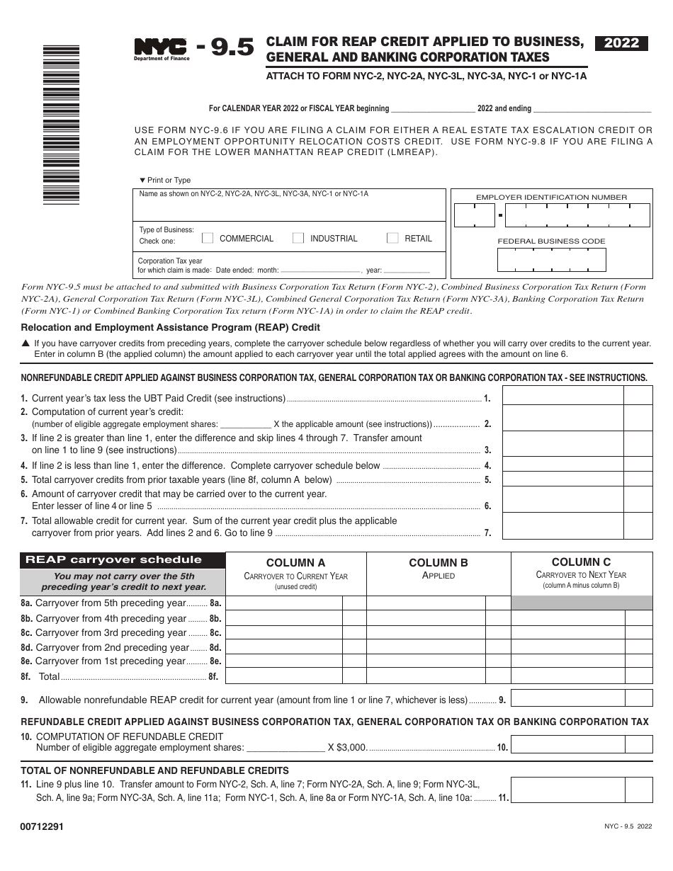 Form NYC-9.5 Claim for Reap Credit Applied to Business, General and Banking Corporation Taxes - New York City, Page 1