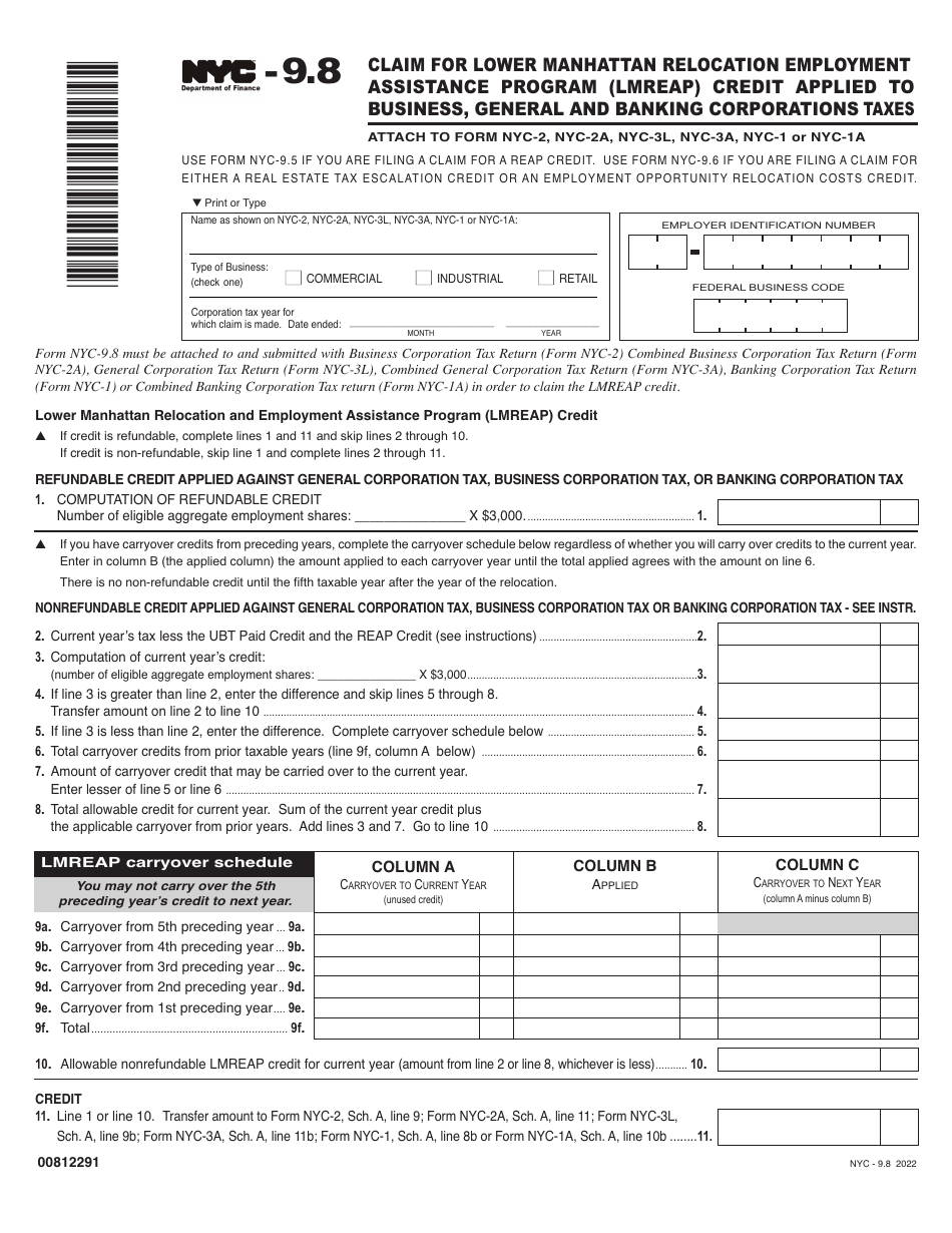 Form NYC-9.8 Claim for Lower Manhattan Relocation Employment Assistance Program (Lmreap) Credit Applied to Business, General and Banking Corporations Taxes - New York City, Page 1
