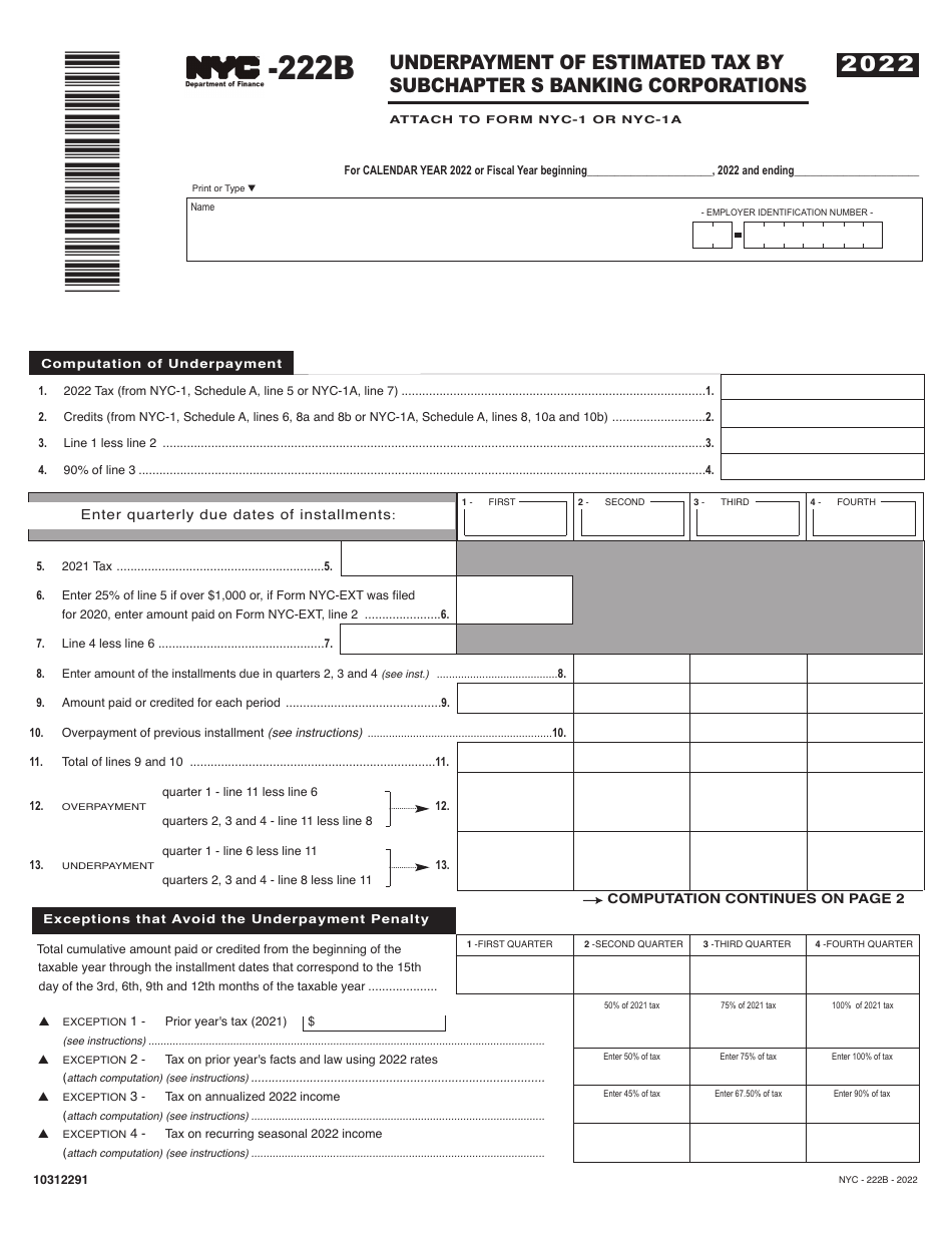 Form NYC-222B Download Printable PDF or Fill Online Underpayment of ...