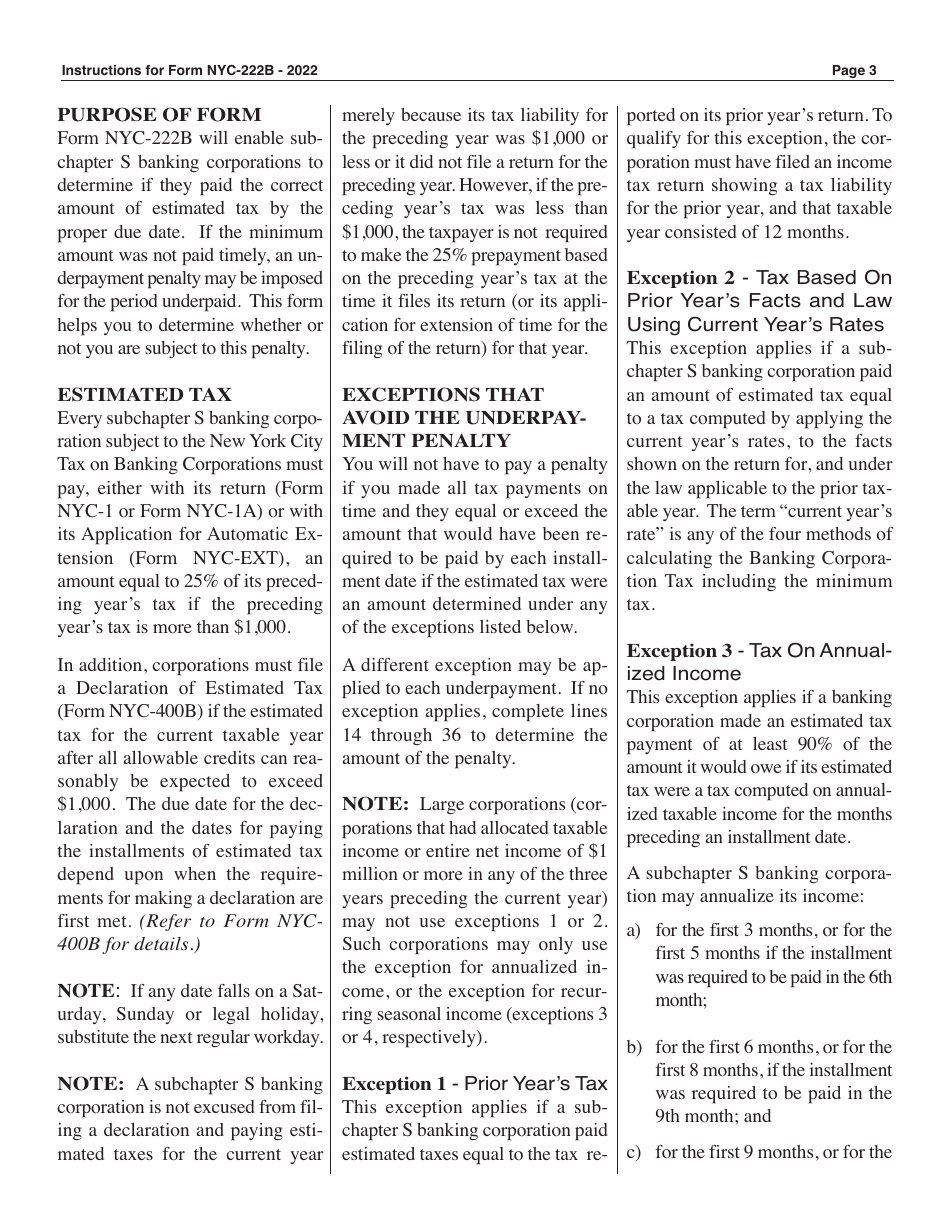 Form NYC-222B Underpayment of Estimated Tax by Subchapter S Banking Corporations - New York City, Page 3