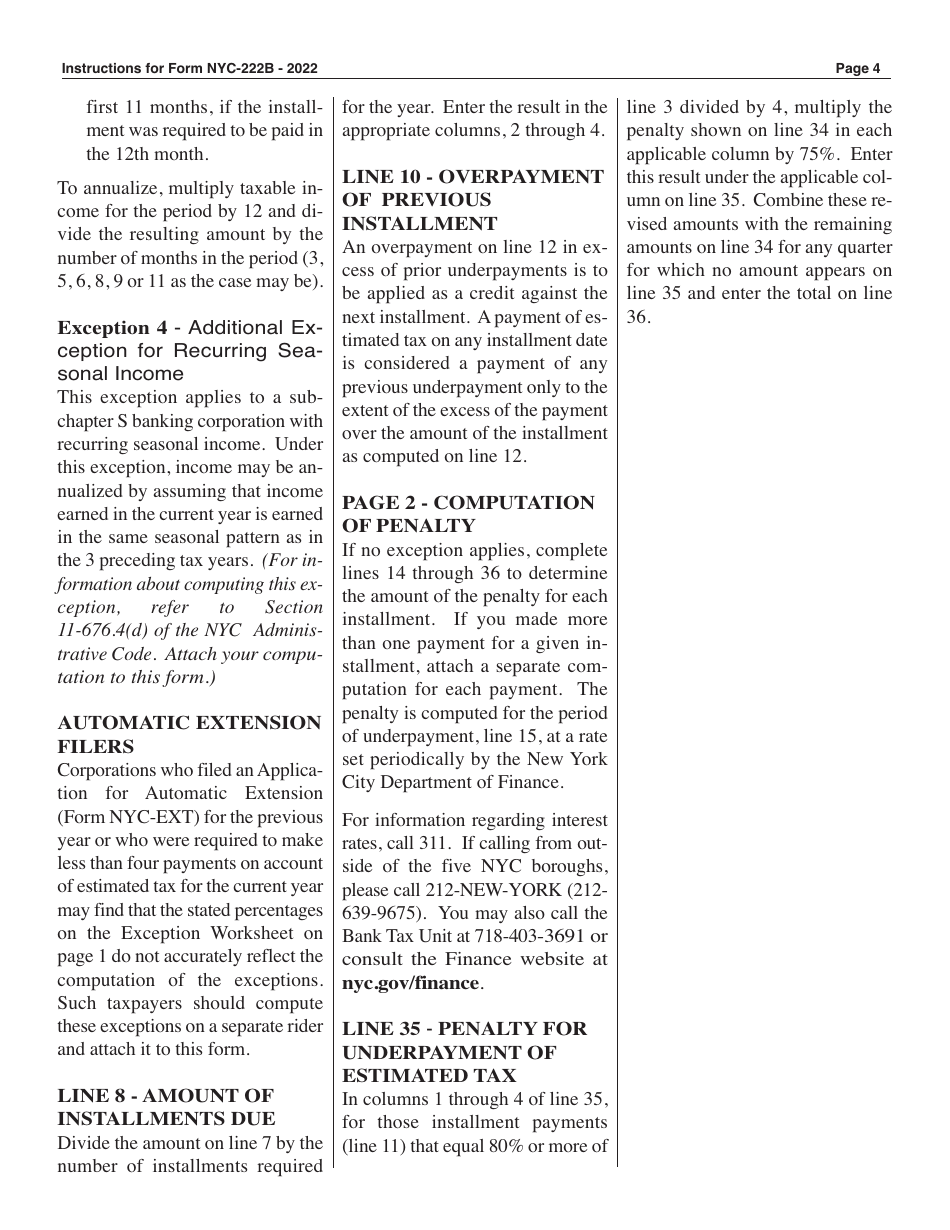 Form NYC-222B Underpayment of Estimated Tax by Subchapter S Banking Corporations - New York City, Page 4