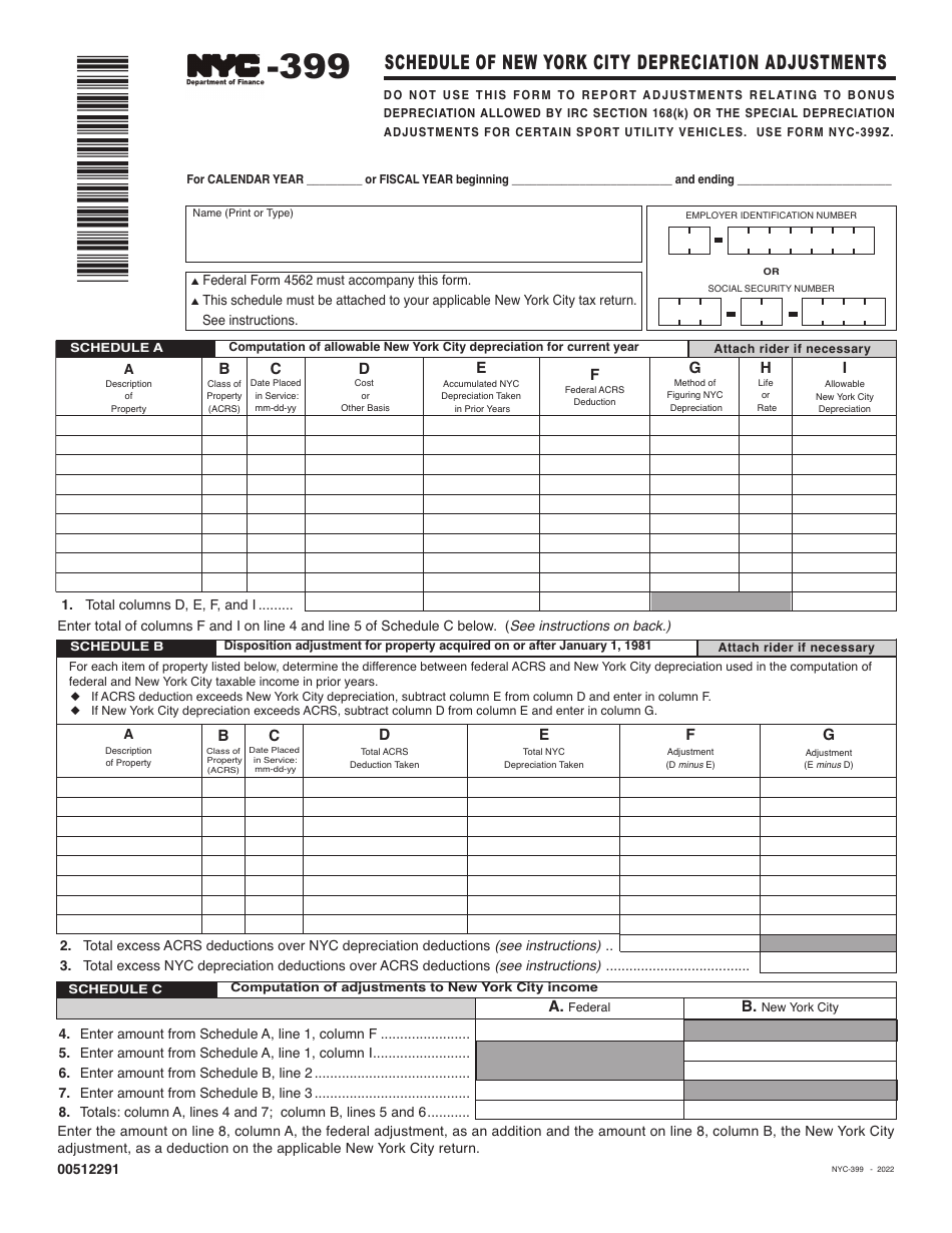 Form NYC-399 Schedule of New York City Depreciation Adjustments - New York City, Page 1
