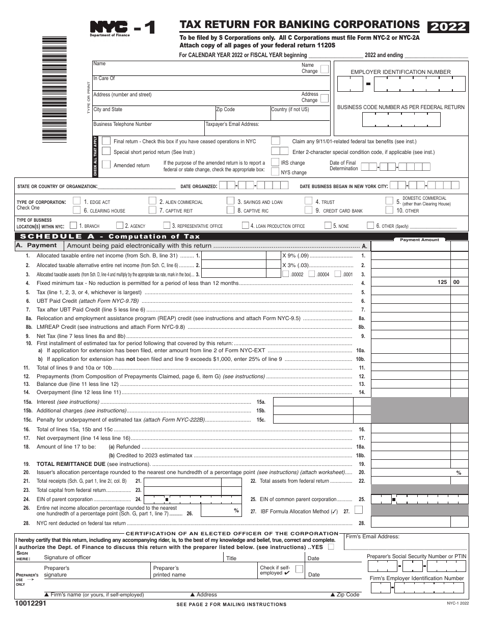 Form NYC-1 Tax Return for Banking Corporations - New York City, Page 1