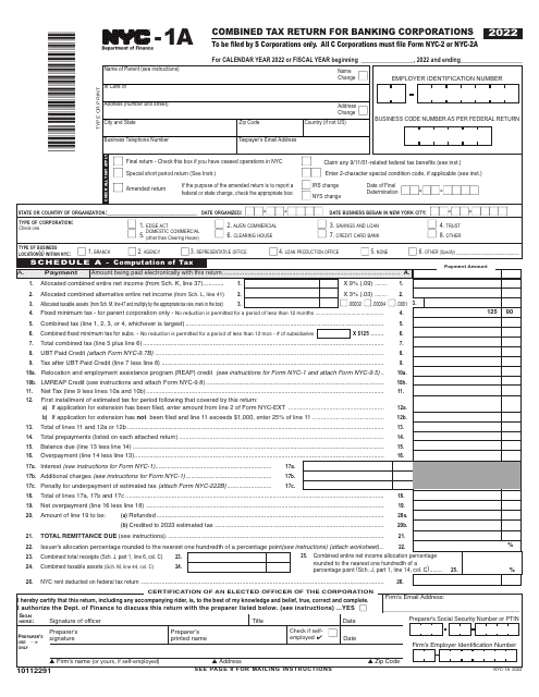 Form NYC-1A Combined Tax Return for Banking Corporations - New York City, 2022