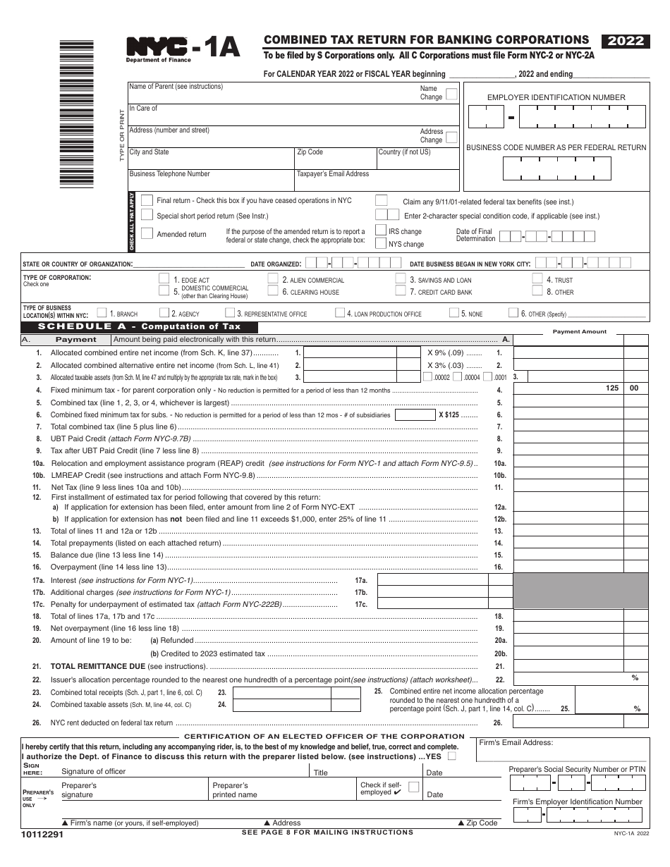 Form NYC-1A Combined Tax Return for Banking Corporations - New York City, Page 1