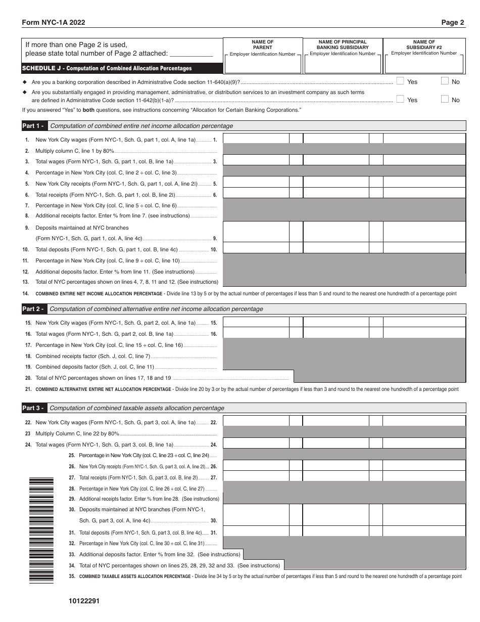 Form NYC-1A Combined Tax Return for Banking Corporations - New York City, Page 2