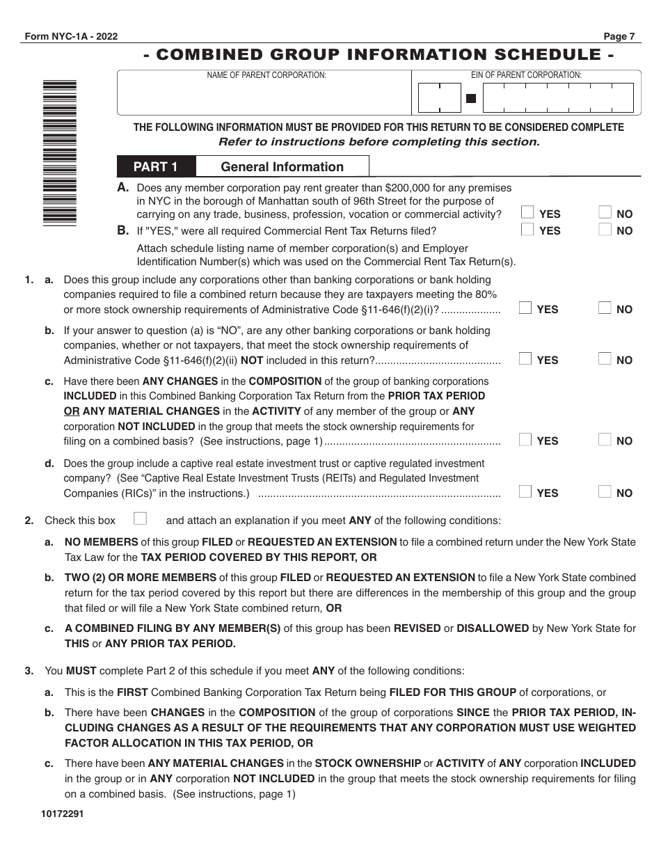 Form NYC-1A Combined Tax Return for Banking Corporations - New York City, Page 7