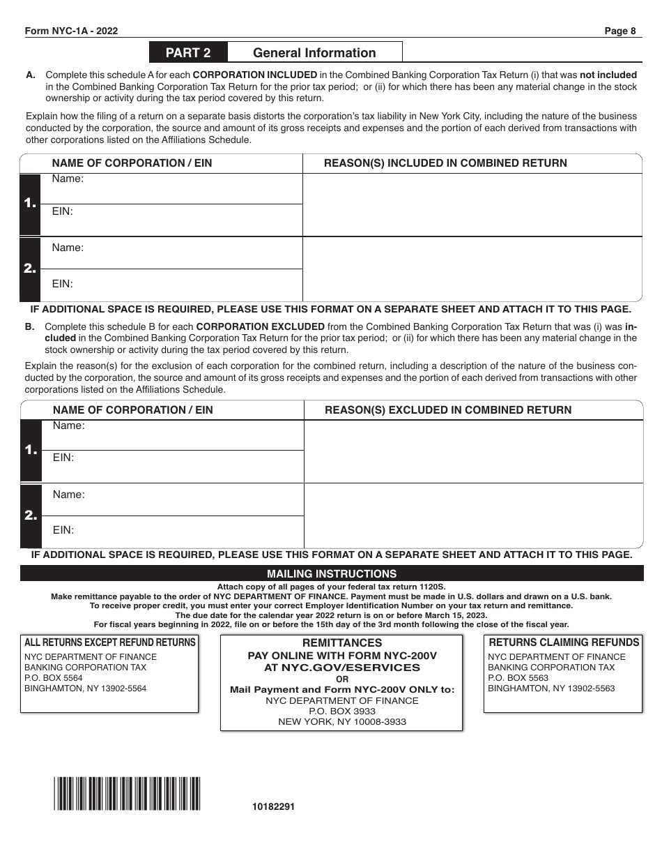 Form NYC-1A Combined Tax Return for Banking Corporations - New York City, Page 8