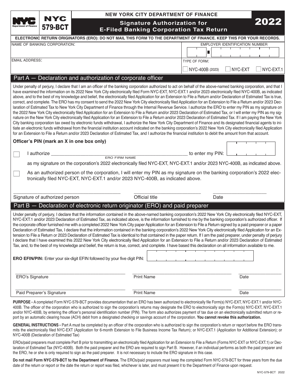 Form NYC579BCT Download Printable PDF or Fill Online Signature