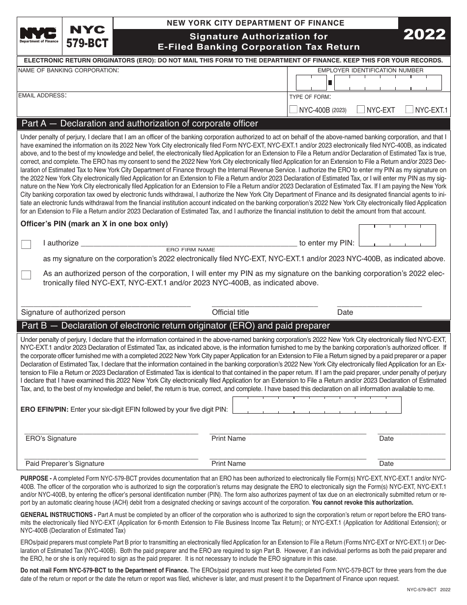Form NYC-579-BCT Signature Authorization for E-Filed Banking Corporation Tax Return - New York City, Page 1