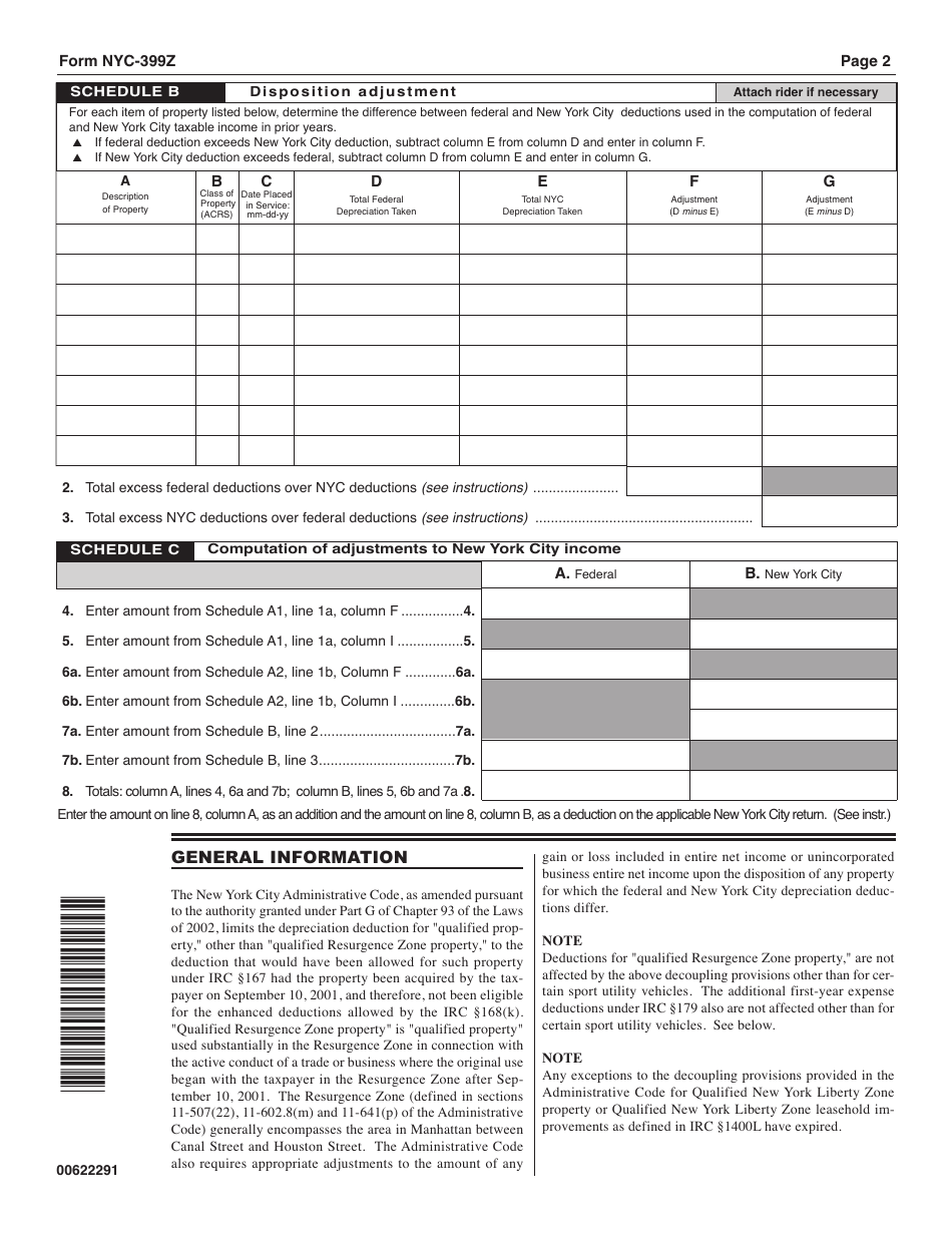 Form NYC-399Z Depreciation Adjustments for Certain Post 9 / 10 / 01 Property - New York City, Page 2