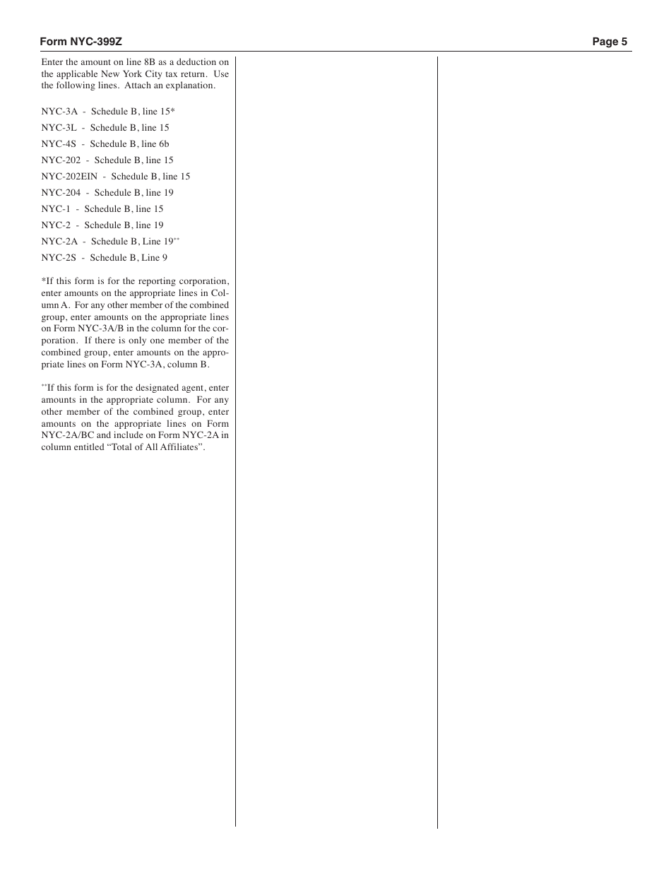 Form NYC-399Z Depreciation Adjustments for Certain Post 9 / 10 / 01 Property - New York City, Page 5