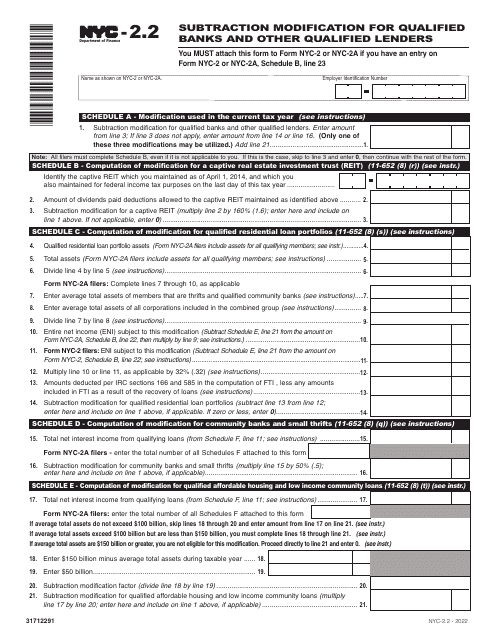 Form NYC-2.2 Subtraction Modification for Qualified Banks and Other Qualified Lenders - New York City, 2022