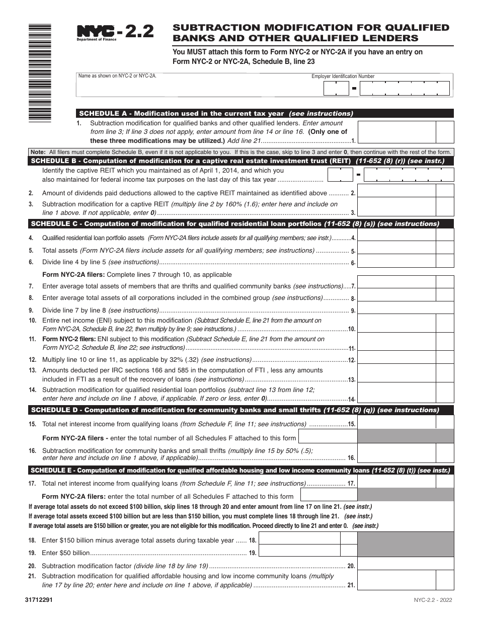 Form NYC-2.2 Subtraction Modification for Qualified Banks and Other Qualified Lenders - New York City, Page 1