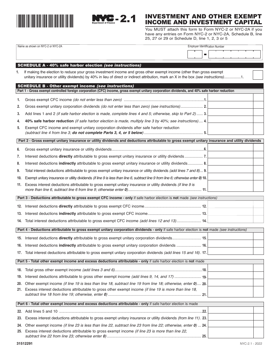 Form NYC-2.1 Investment and Other Exempt Income and Investment Capital - New York City, Page 1