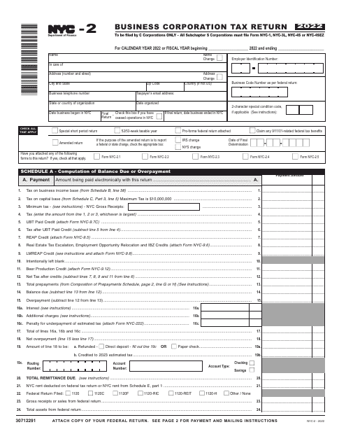 Form NYC-2 Business Corporation Tax Return - New York City, 2022