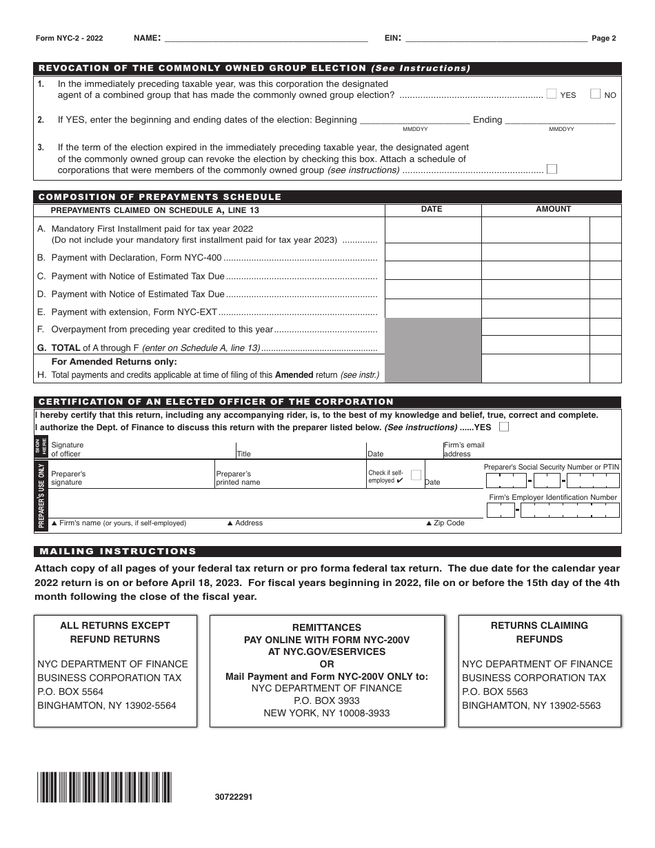 Form Nyc 2 Download Printable Pdf Or Fill Online Business Corporation Tax Return 2022 New 6269