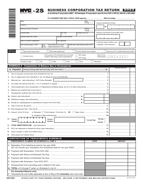 Form NYC-2S Business Corporation Tax Return - New York City, 2022