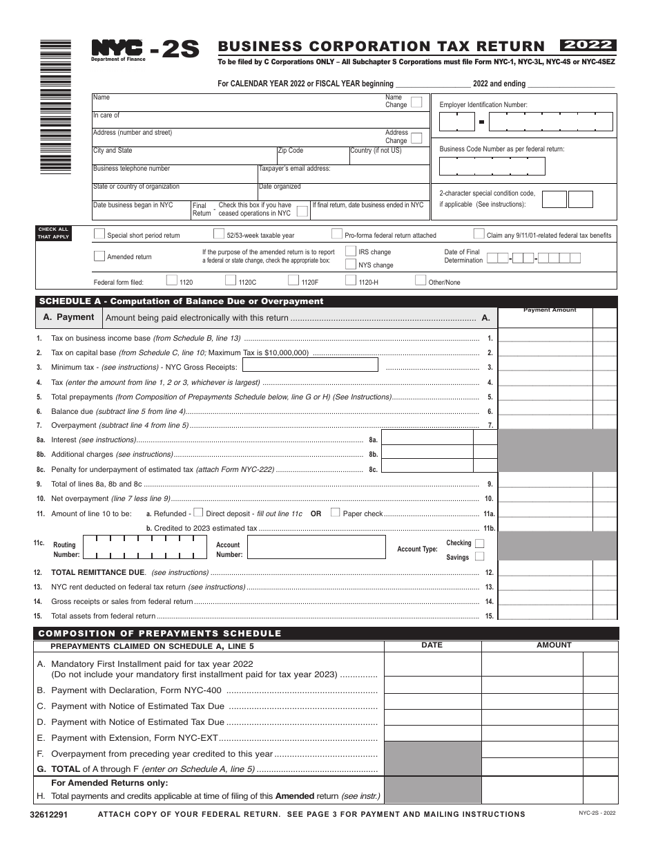 Form NYC-2S Business Corporation Tax Return - New York City, Page 1