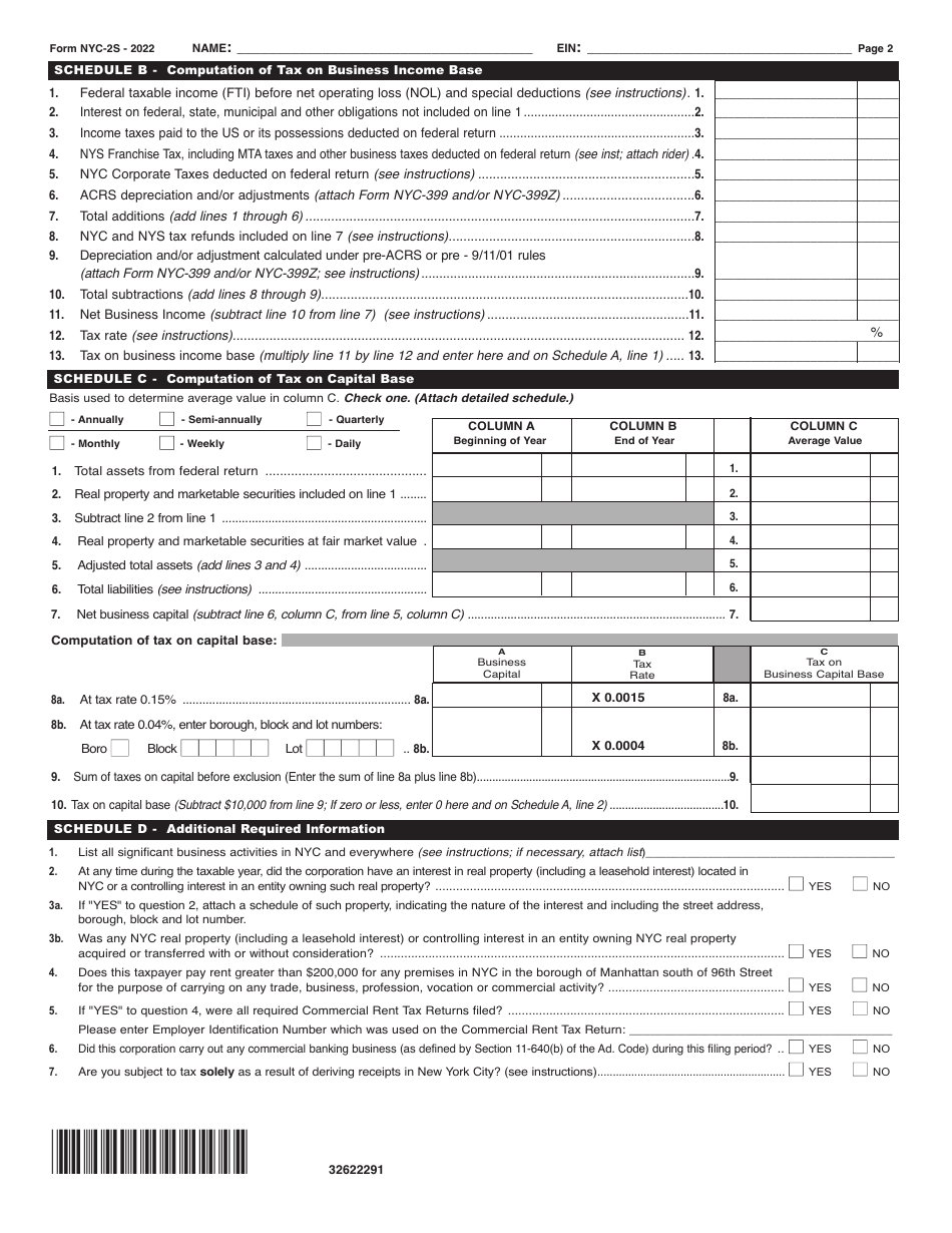 Form NYC-2S Business Corporation Tax Return - New York City, Page 2