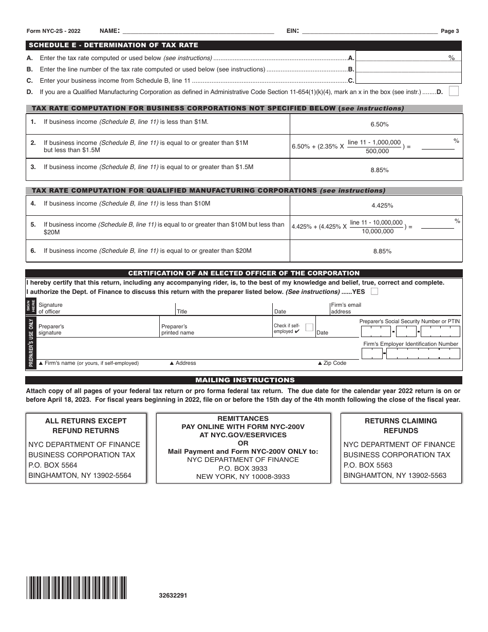 Form NYC-2S Business Corporation Tax Return - New York City, Page 3